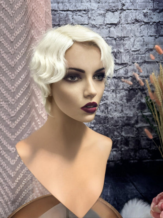 Jordan Human Hair Finger Wave 1920’s Great Gatsby Wig 100% Human Hair Wig Short Cut Wig Curly Lightest White Blonde Medical Wig Fashion Wig