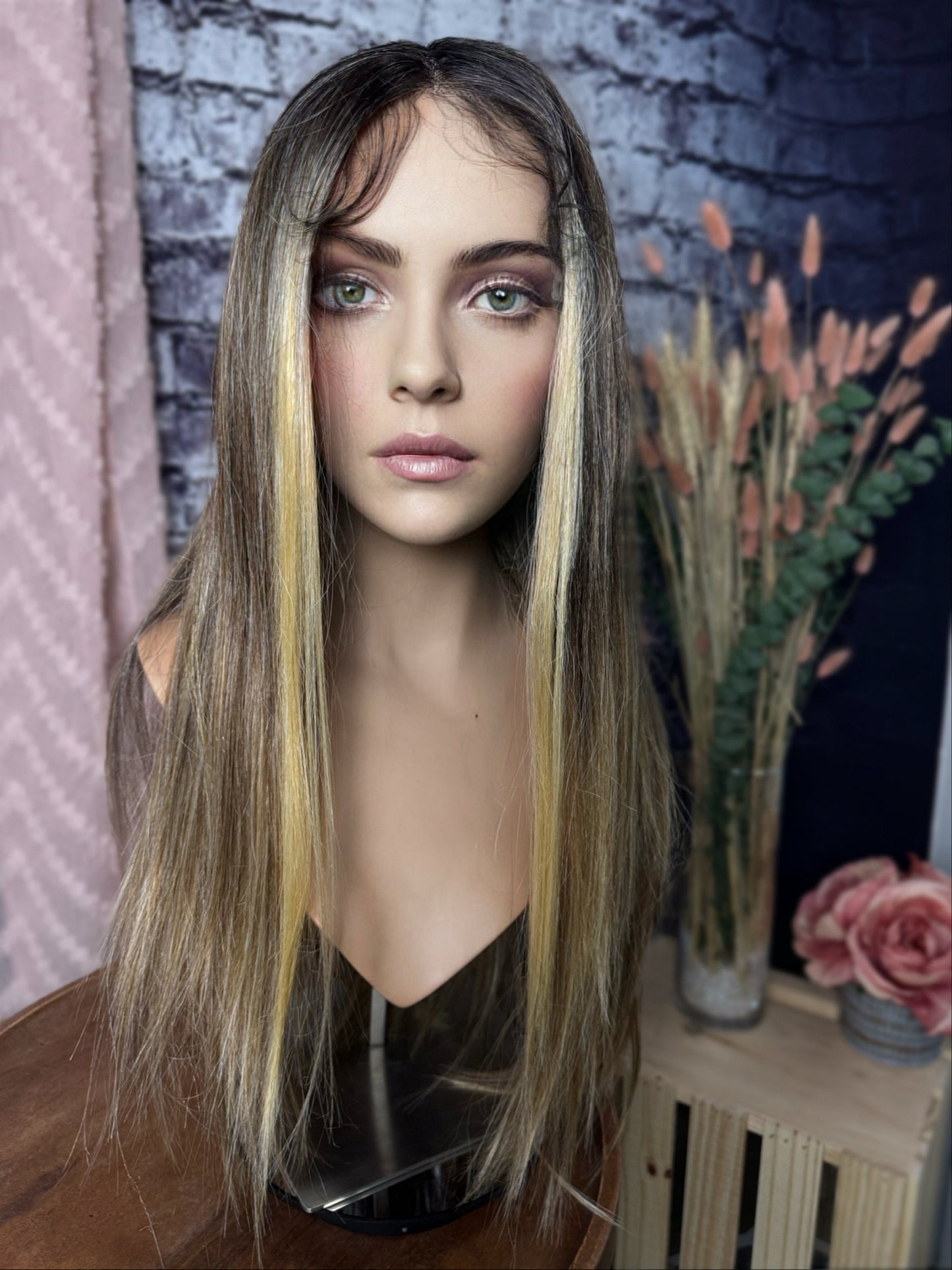 Ellie Sand Brown Blonde Highlight Wig Lace Front Wig Long Layers Wig Human Blend Hair