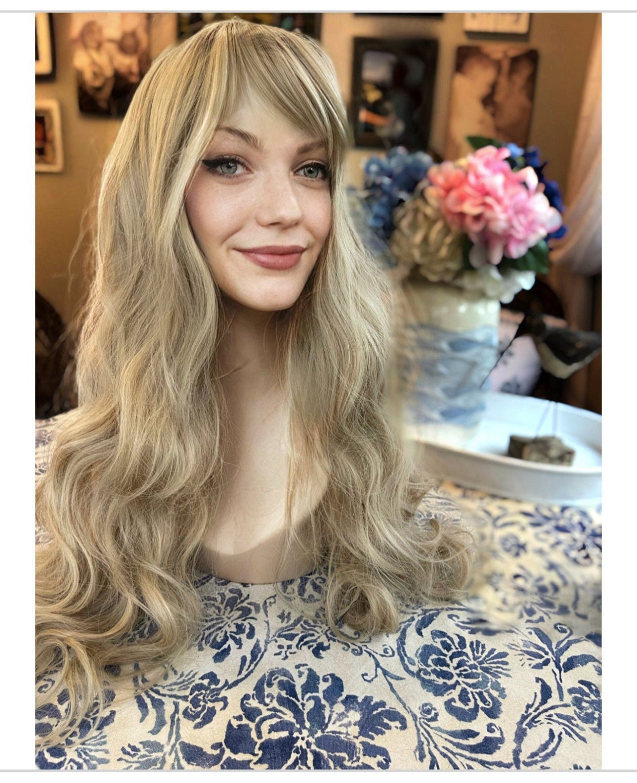 Shailene Balanced Light Blonde Ashy Full Bang Long Wig Wavy Wig Blonde Full Cap Wig