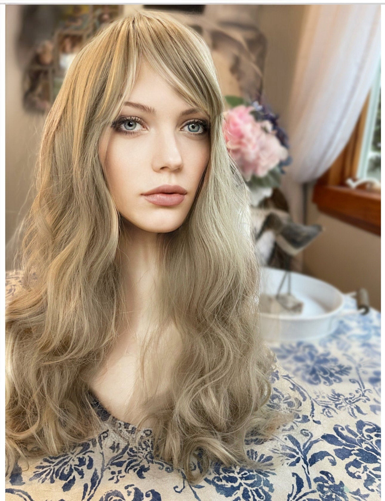 Shailene Balanced Light Blonde Ashy Full Bang Long Wig Wavy Wig Blonde Full Cap Wig