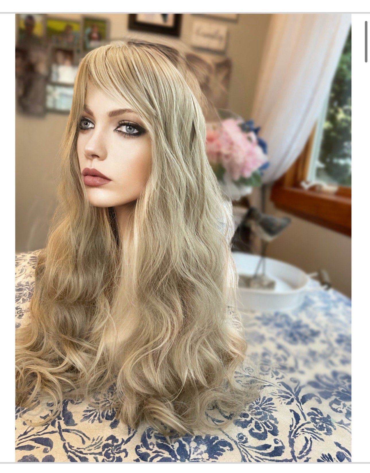 Shailene Balanced Light Blonde Ashy Full Bang Long Wig Wavy Wig Blonde Full Cap Wig