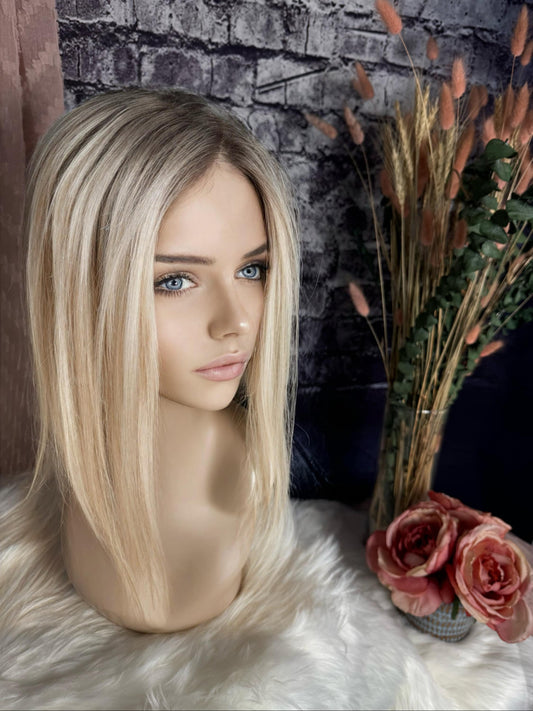 Baronette  22” Custom Light Mixed Blonde 110 Density Topper 100% Human Hair Topper Natural Mono Top Parting Topper for Clip In