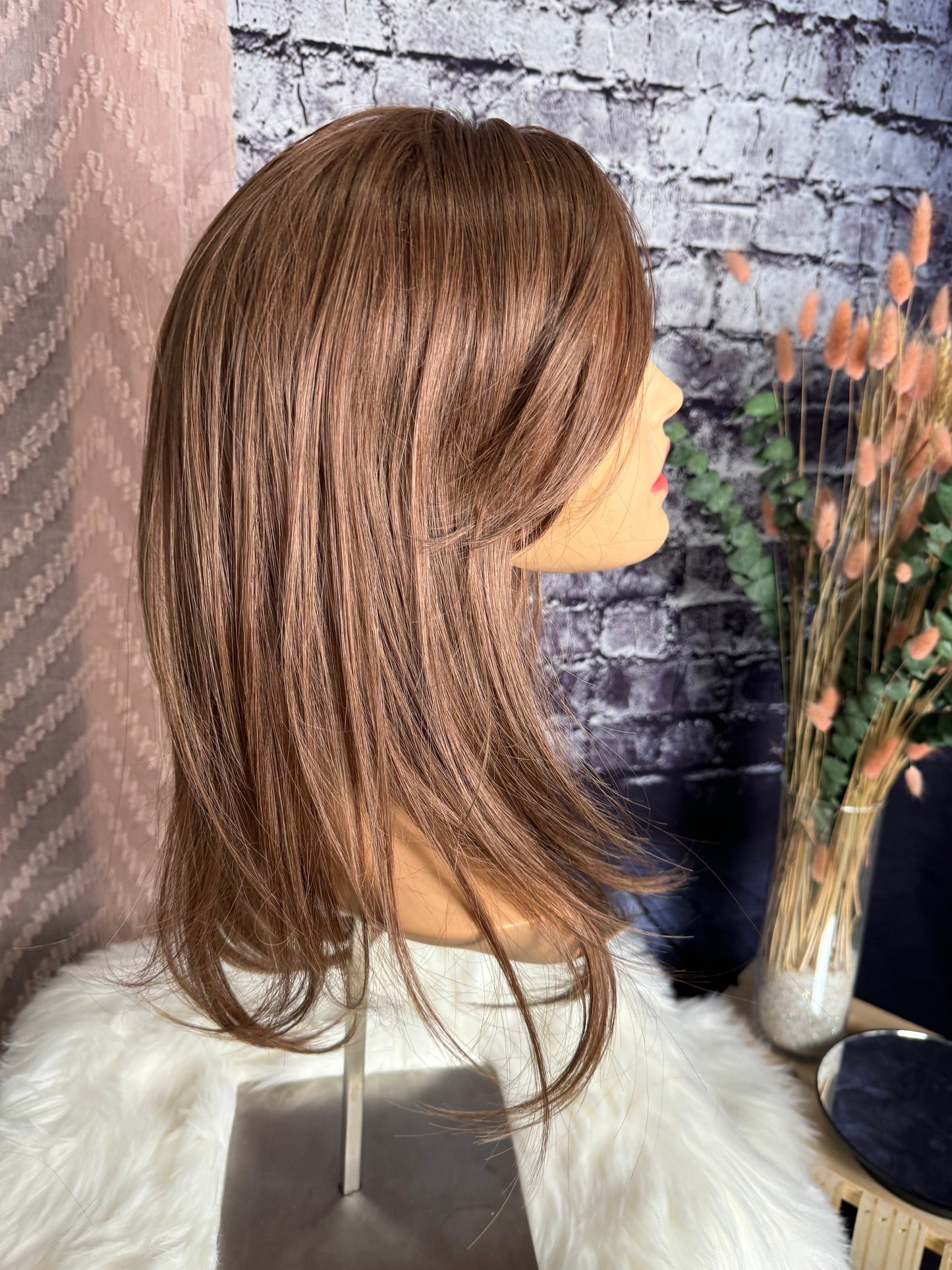 Coquette Warm Medium Brown Ombre Topper Light Bangs Heat Safe Synthetic Silk Top Parting Topper