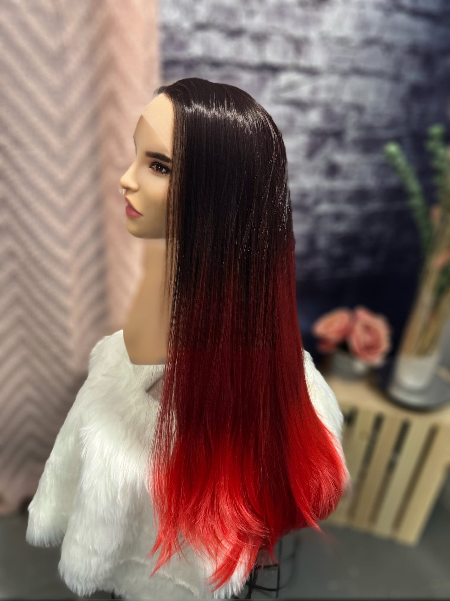 Myssi Extra Long Slow Burn Ombré Red and Black Wig Lace Front Wig Goth Drag Hairloss