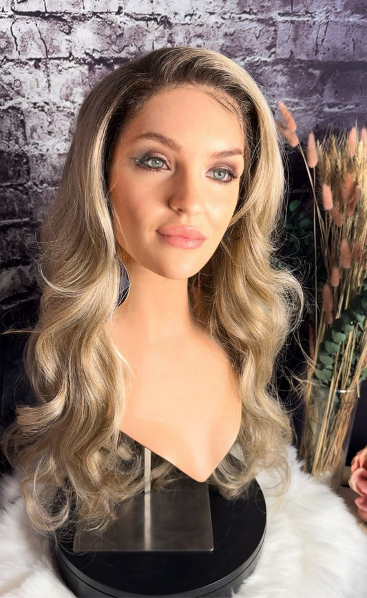 Old Money Beige Waves Dimensional Color Lace Mono Top Frontal HD Lace Wig XLong