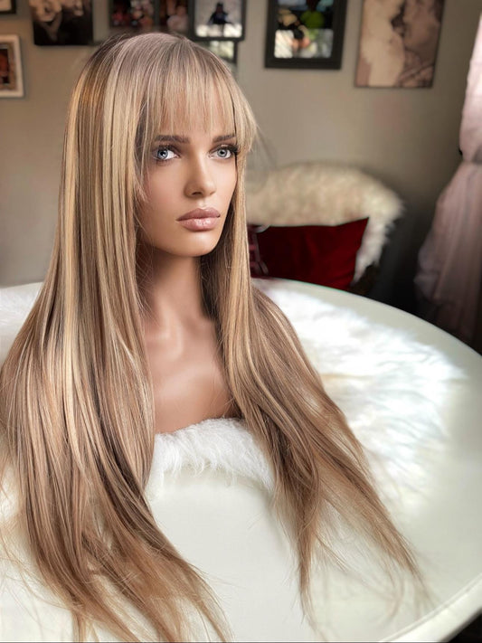 Add a bang*** Nala Tik Tok Miley Costume Natural Lace Front Wig Natural Warm Blonde Combo Highlighted Wig Long Wig Straight Hair Loss