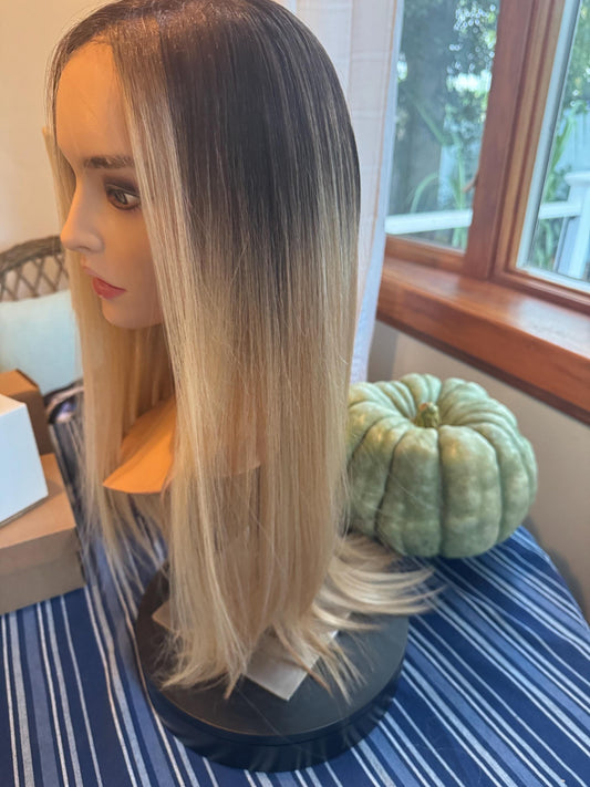 Kapria 100% Hand Tied Wig Rooted Ombre  Blonde  Lightweight Lace Front Wig Sand and Natural Blonde Ash Lowlights Highlighted Wig Long Hair