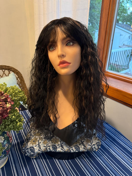 Layleen 80’s Curl Classic Cap Wig Warm Black Brown Highlights Long Full Bangs Wavy Highlight Loose Curls Human Hair Blend Cottagecore