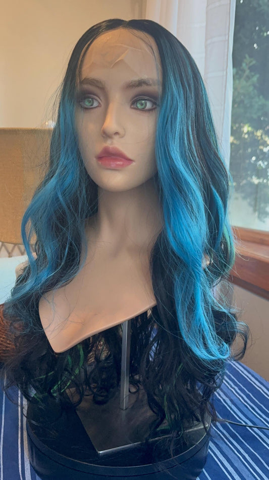 Aquarian Wig Chunky Highlight Peacock Blue Green Black Money Piece Wig Hand Tied Long Length Lace Frontal Wig Short Wig Pride Burlesque