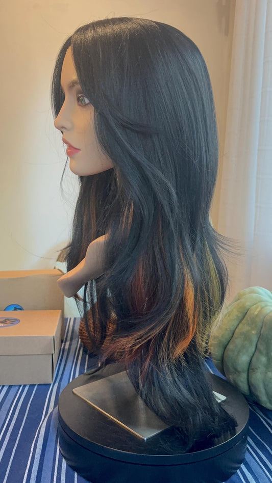Leo Wig Chunky Colorful Underlights Orange Gold Black Side Bangs Wig Hand Tied Long Length Lace Frontal Wig Short Wig Pride Burlesque