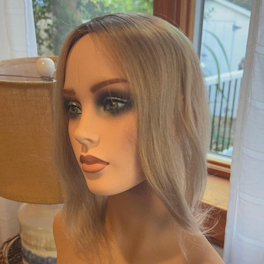 Vernette Light Density Topper 100% Human Hair Topper Wig Smoky Blonde Rooted Silk Top Parting Topper for Clip In Hair