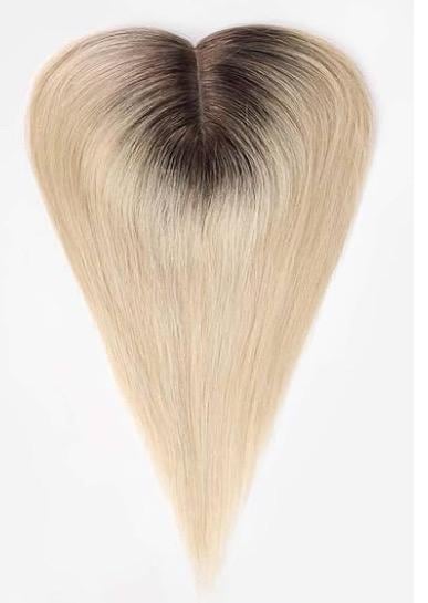 Custom Full Mono Base Light Density No Bang 100% Human Hair Topper Wig Warm Light Blonde Ombré Root Color Blend  Parting Topper