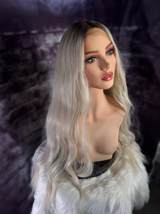 Miki Lace Front HD Lace Synthetic Soft Ombre Platinum Blonde Wig Lightest Cool Blonde Rooted Color Wig Model Vibes Straight Extra Long Wig