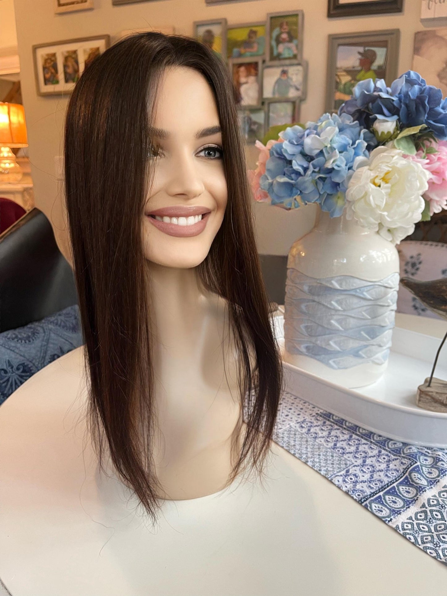 Henriette 18” Natural Dark Brown Light Density Topper 100% Human Hair Topper Natural Mono Silk Top The Wig Witch