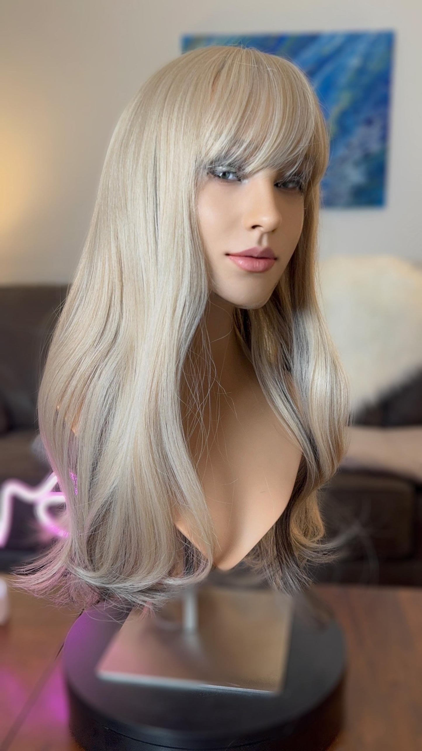 Lucinda Cool Blonde Suble Dark Underlights Wig Light Density Bangs Soft Goth The Wig Witch HD Synthetic