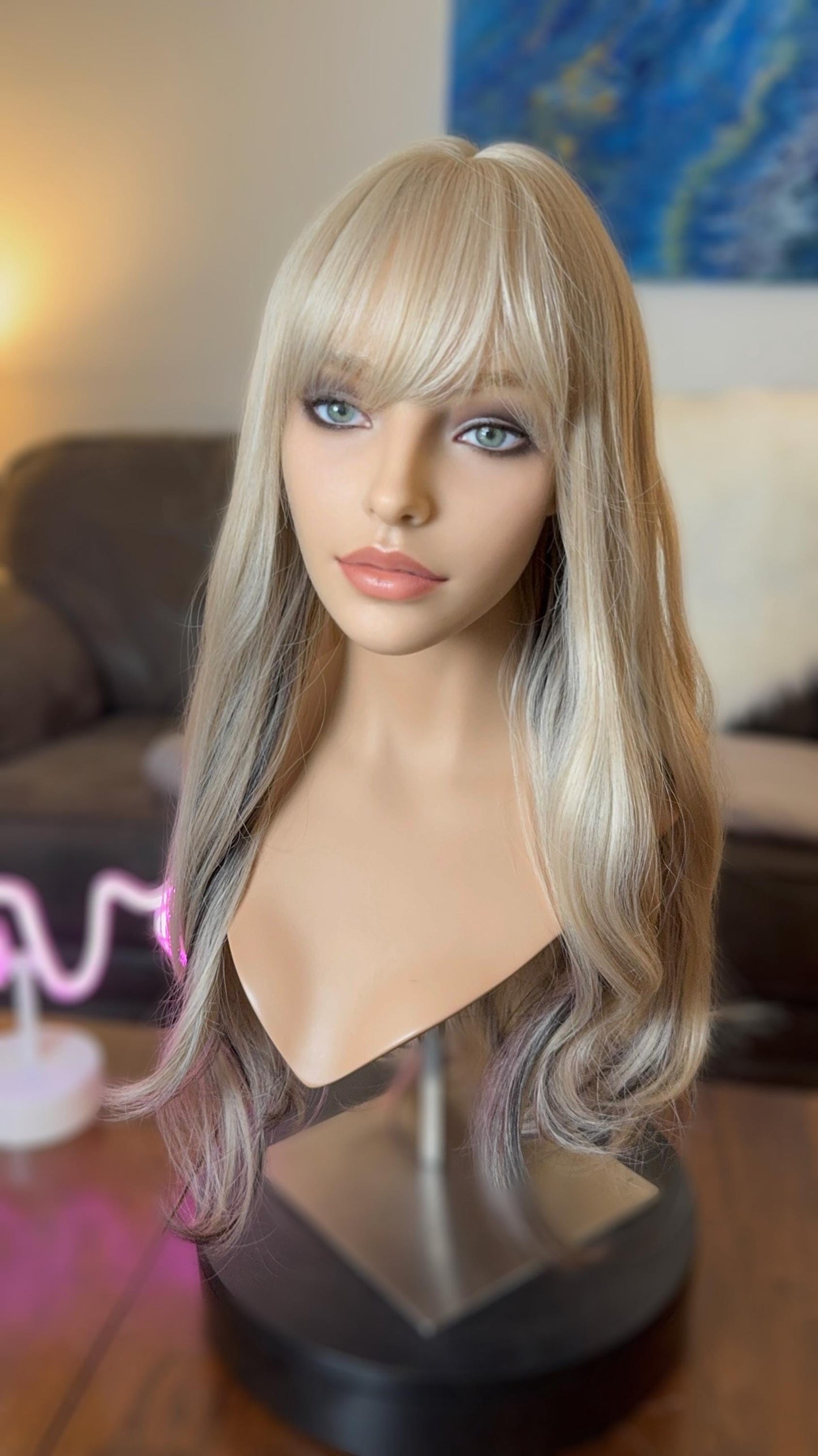 Lucinda Cool Blonde Suble Dark Underlights Wig Light Density Bangs Soft Goth The Wig Witch HD Synthetic