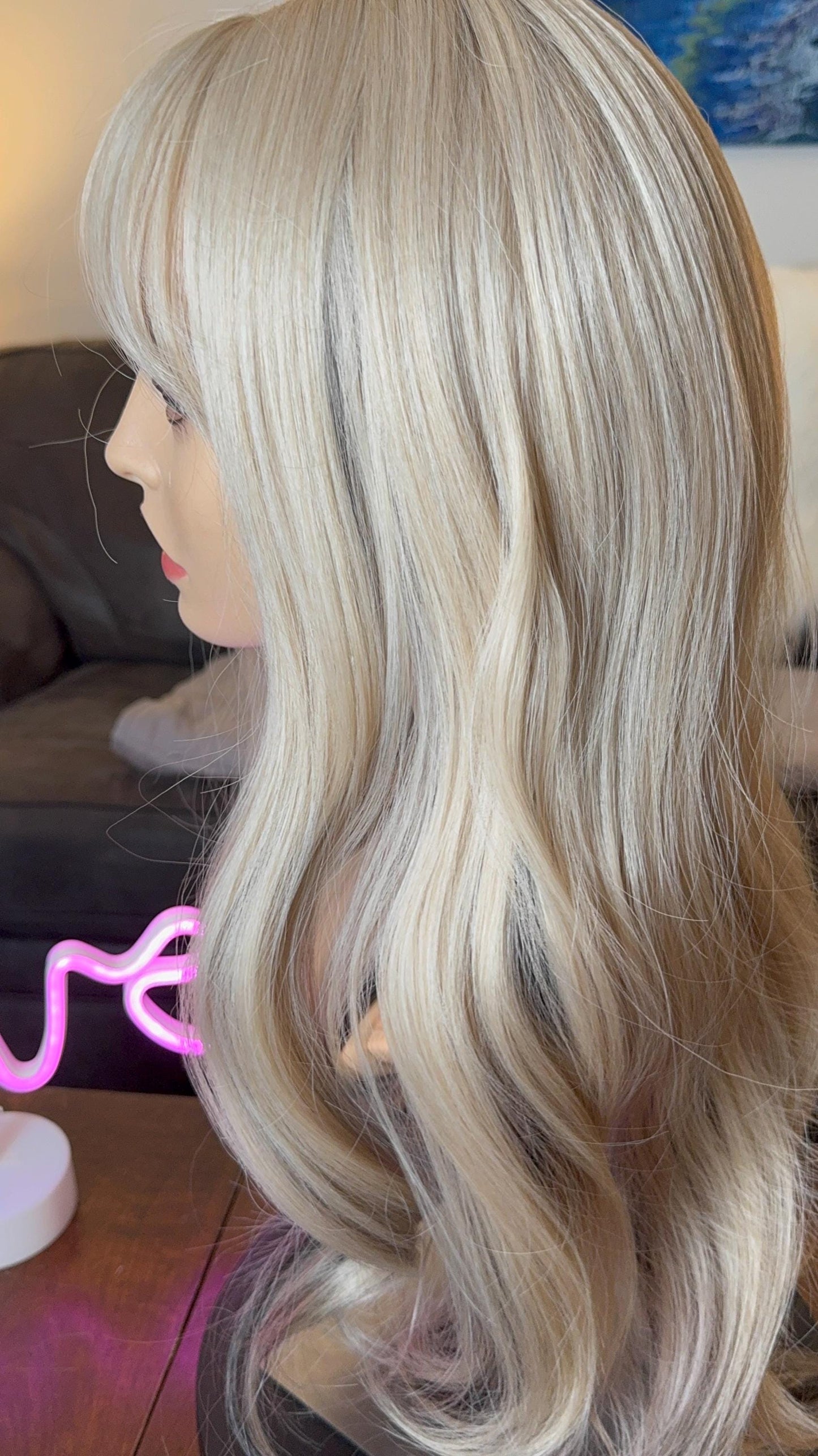 Lucinda Cool Blonde Suble Dark Underlights Wig Light Density Bangs Soft Goth The Wig Witch HD Synthetic