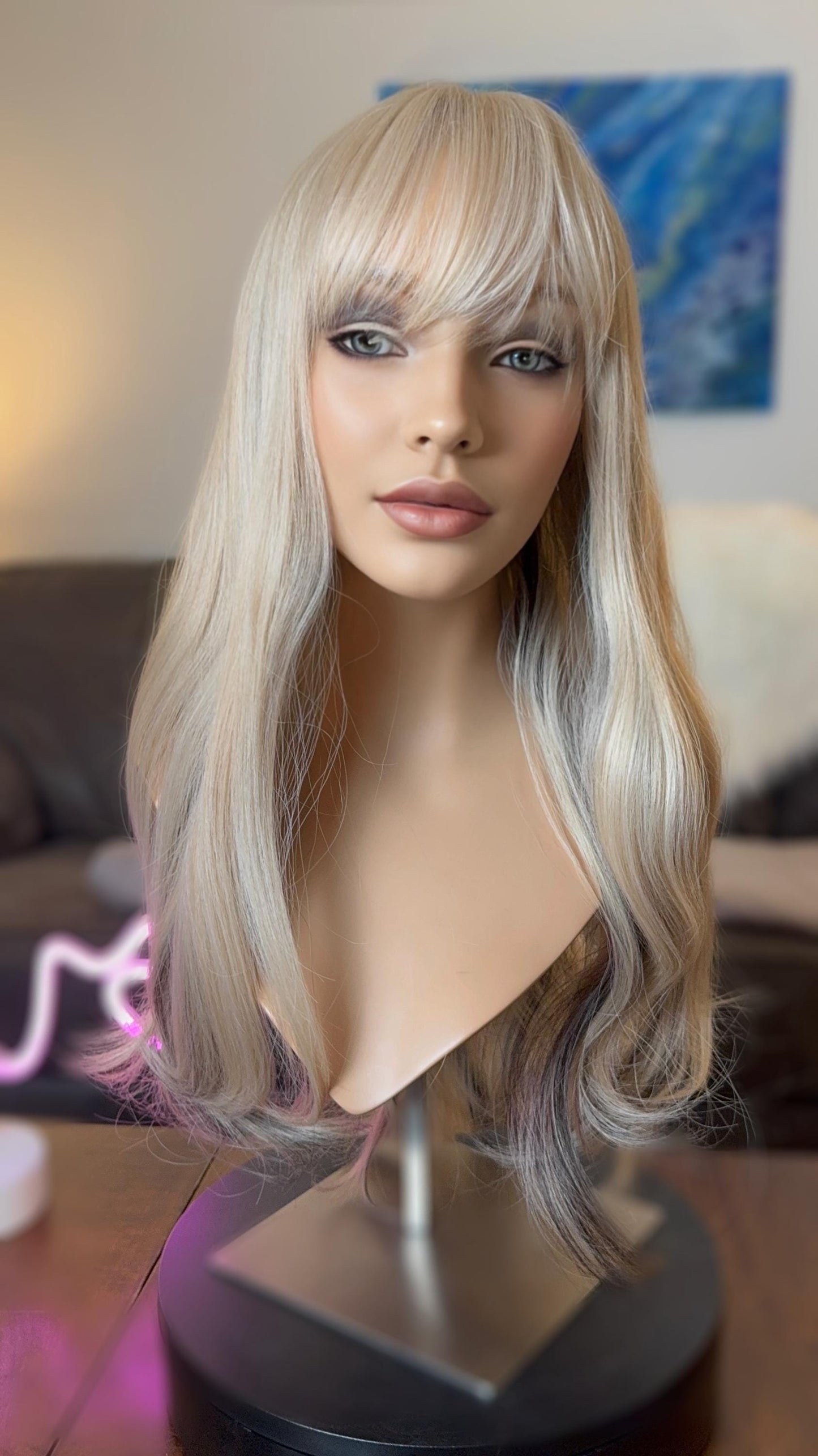Lucinda Cool Blonde Suble Dark Underlights Wig Light Density Bangs Soft Goth The Wig Witch HD Synthetic