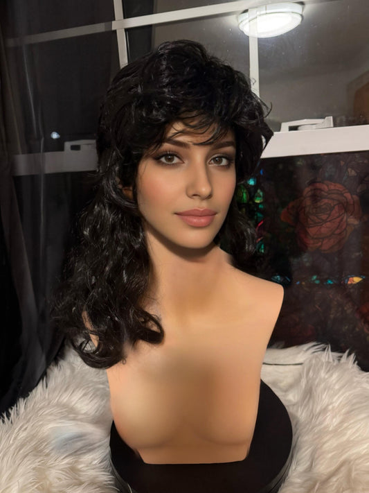 Ms. Raya Black Mullet Wig Chic Kanekalon Fiber Wig Lots of Layers Bi-level Trendy Black Chemotherapy Alopecia 80’s Vibes