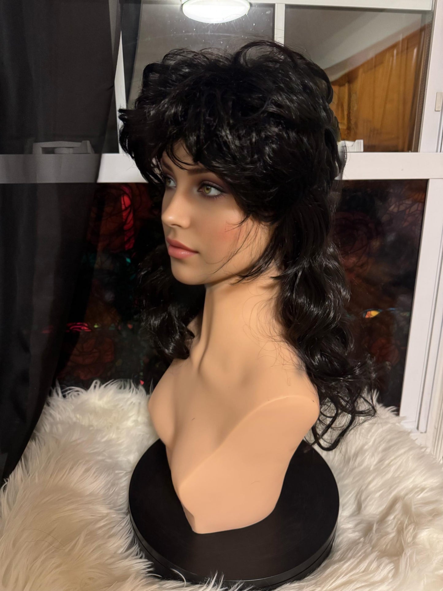 Ms. Raya Black Mullet Wig Chic Kanekalon Fiber Wig Lots of Layers Bi-level Trendy Black Chemotherapy Alopecia 80’s Vibes