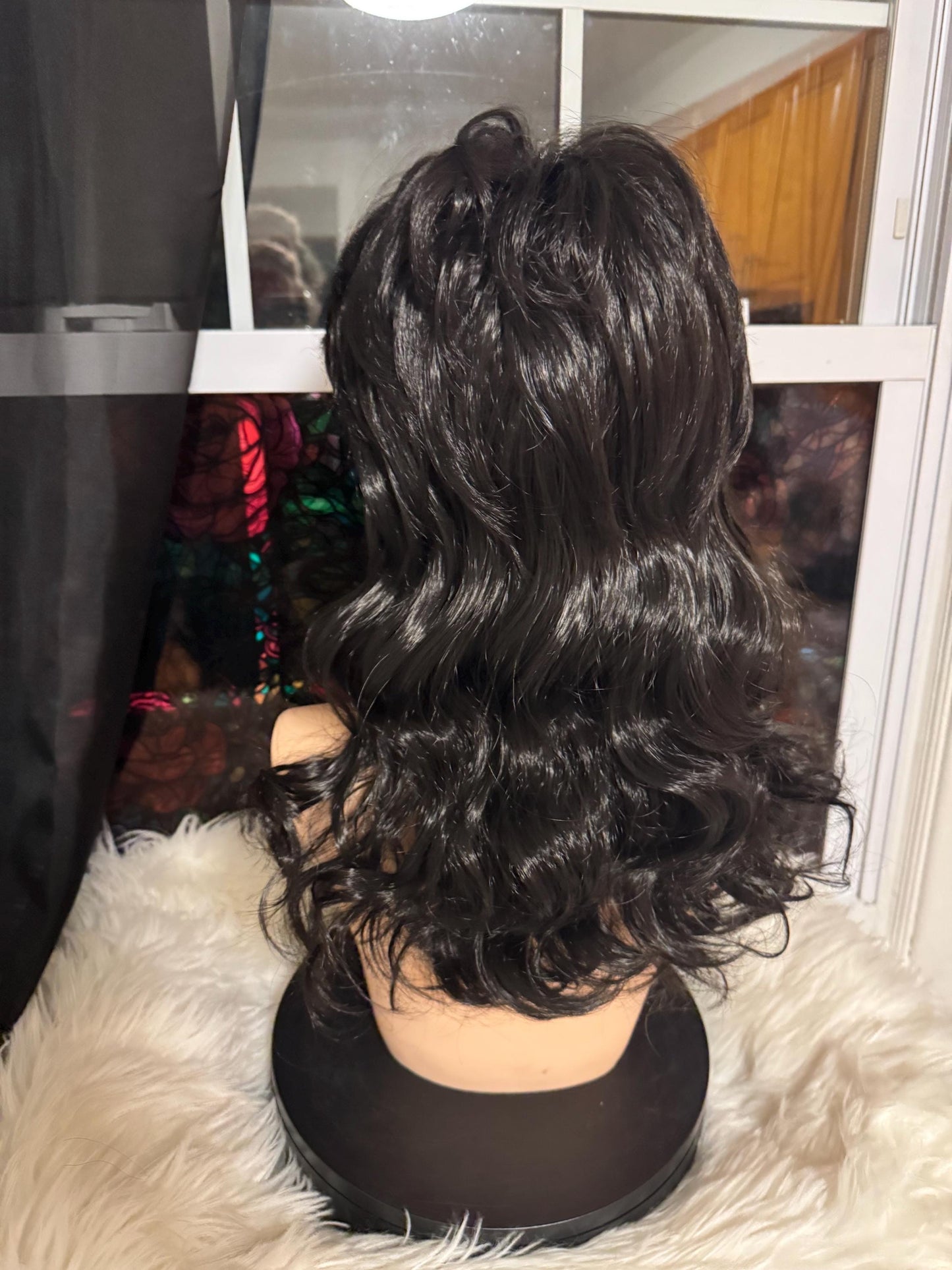 Ms. Raya Black Mullet Wig Chic Kanekalon Fiber Wig Lots of Layers Bi-level Trendy Black Chemotherapy Alopecia 80’s Vibes