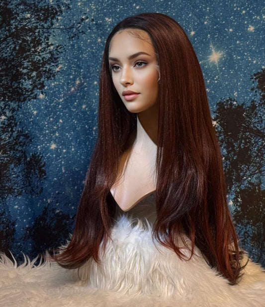 Napielle Wig Cherry Auburn Extra Long Wig Lace Frontal Straight Hair Loss Wig Human Blend The Wig Witch Wigs
