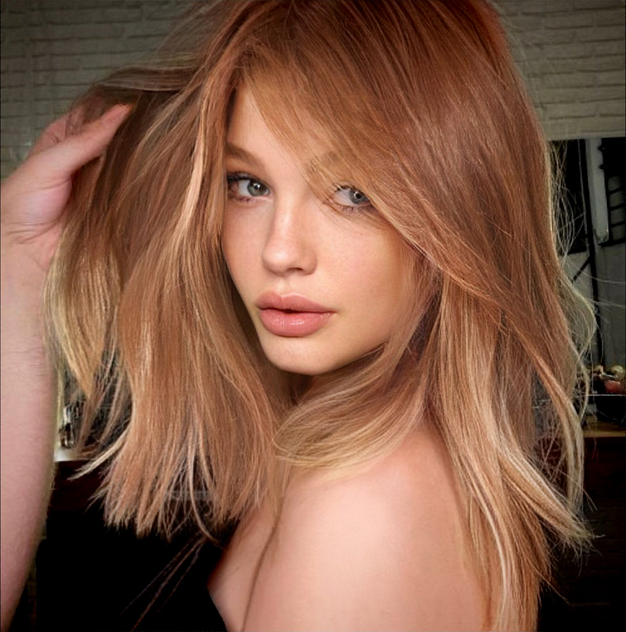 Virgie Dark Warm Ginger Blonde Rooted Ombre Straight Bob Synthetic Wigs with Bangs Heat Resistant Fiber