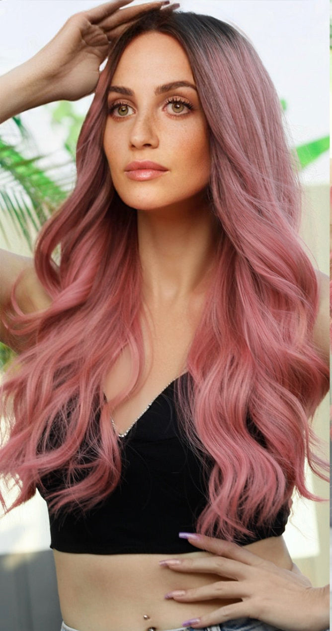 Mellie Dark Rooted Soft Pink Wavy Wig Long Curly Hair Wig for Women with Bangs Heat Resistant Fiber Synthetic