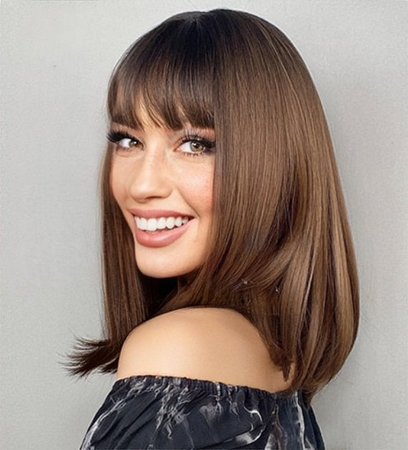 Classica Medium Brunette Straight Bob Full Bang Synthetic Wig Hair with Bangs Heat Resistant Fiber