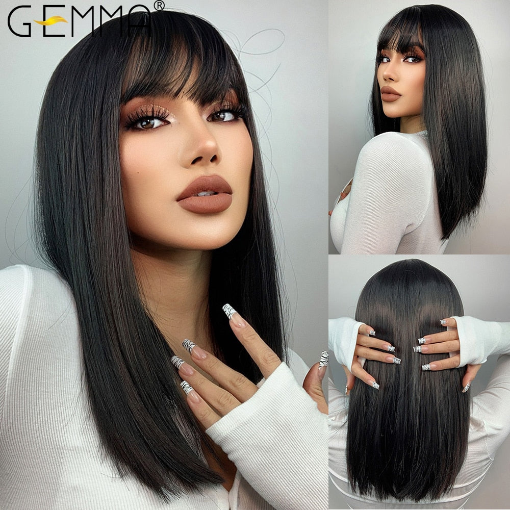 Natural Black Medium Straight Bob Synthetic Wig with Bangs Heat Resistant Fiber