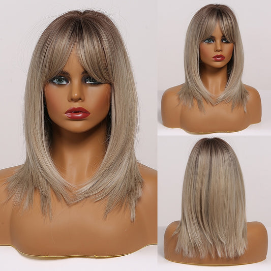 Maiden Ashy Blonde Curtain Bang Ombre Straight Bob Synthetic Wig Hair Heat Resistant Fiber