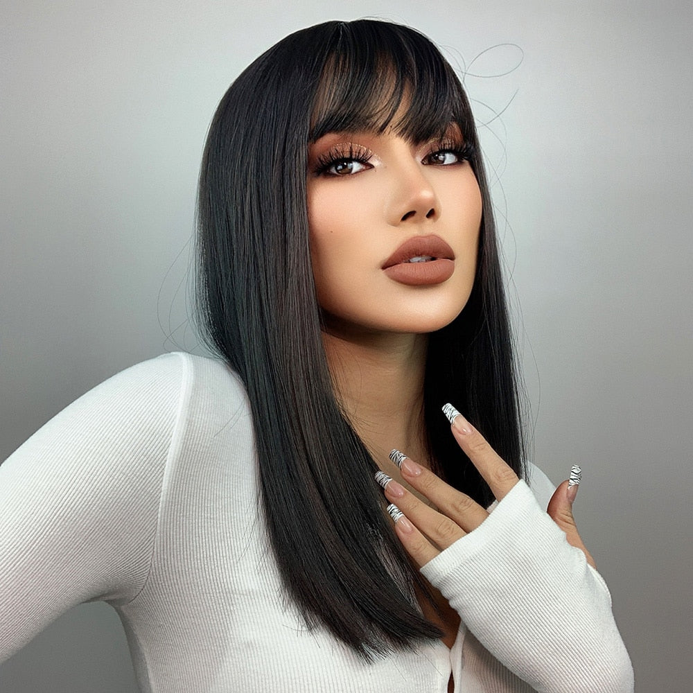 Natural Black Medium Straight Bob Synthetic Wig with Bangs Heat Resistant Fiber