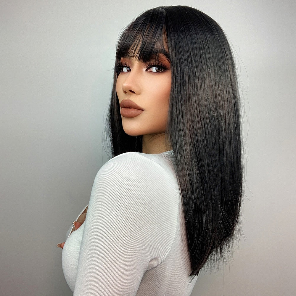 Natural Black Medium Straight Bob Synthetic Wig with Bangs Heat Resistant Fiber