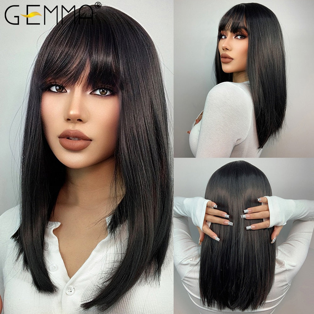 Natural Black Medium Straight Bob Synthetic Wig with Bangs Heat Resistant Fiber