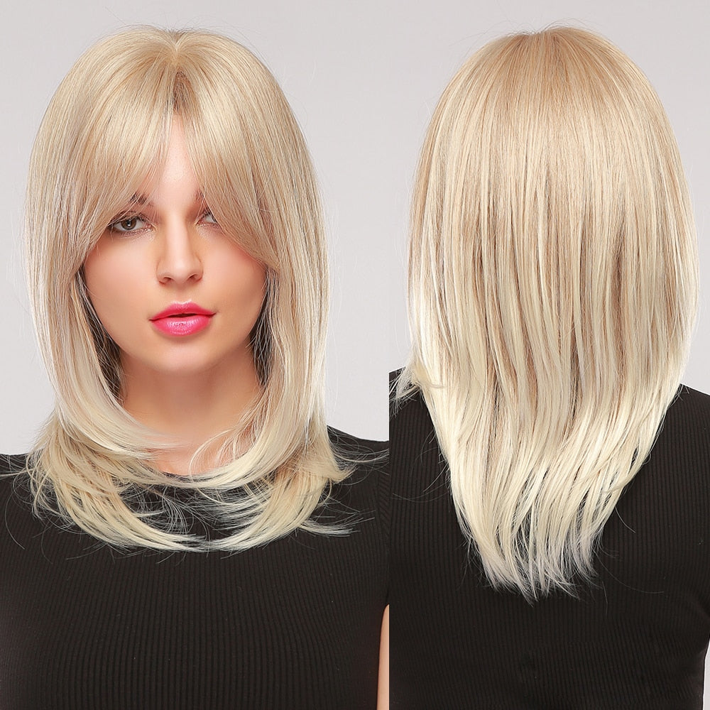 Lightest Buttery Blonde Curtain Bang Straight Bob Synthetic Wig Hair with Bangs Heat Resistant Fiber