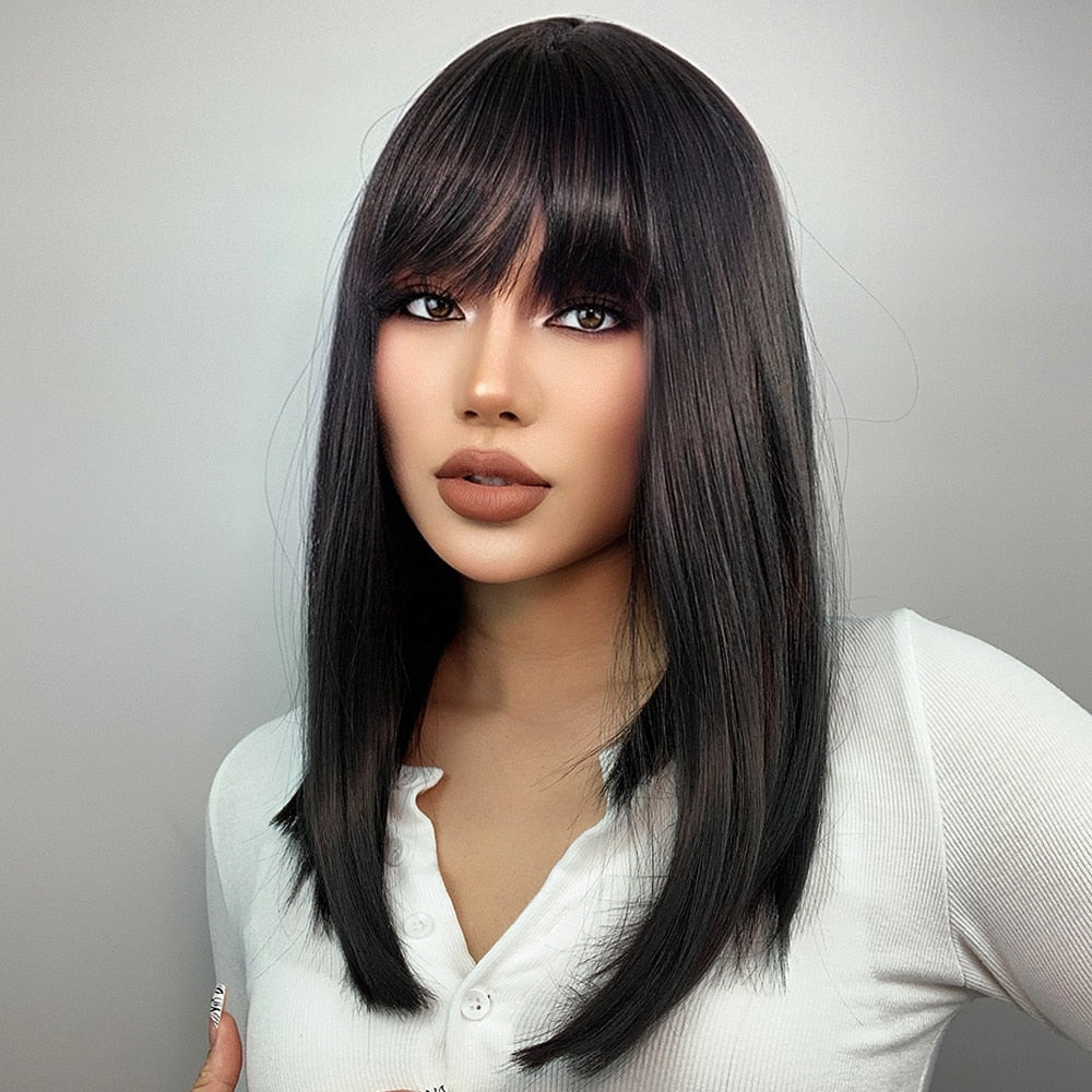 Natural Black Medium Straight Bob Synthetic Wig with Bangs Heat Resistant Fiber