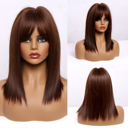 Warm Auburn Brown Medium Straight Bob Synthetic Hair Wig Bangs Heat Resistant Fibers