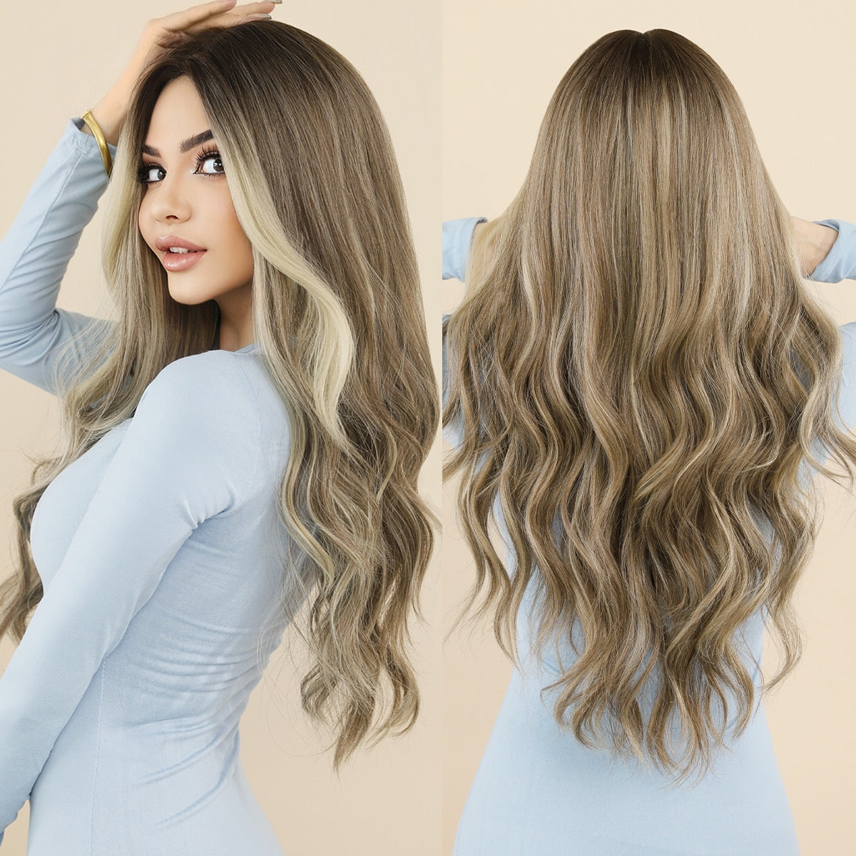 Neutral Dark Blonde Balayage Wig Wavy Wig Long Curly Hair Wig for Women with Bangs Heat Resistant Fiber Synthetic Lolita Wigs