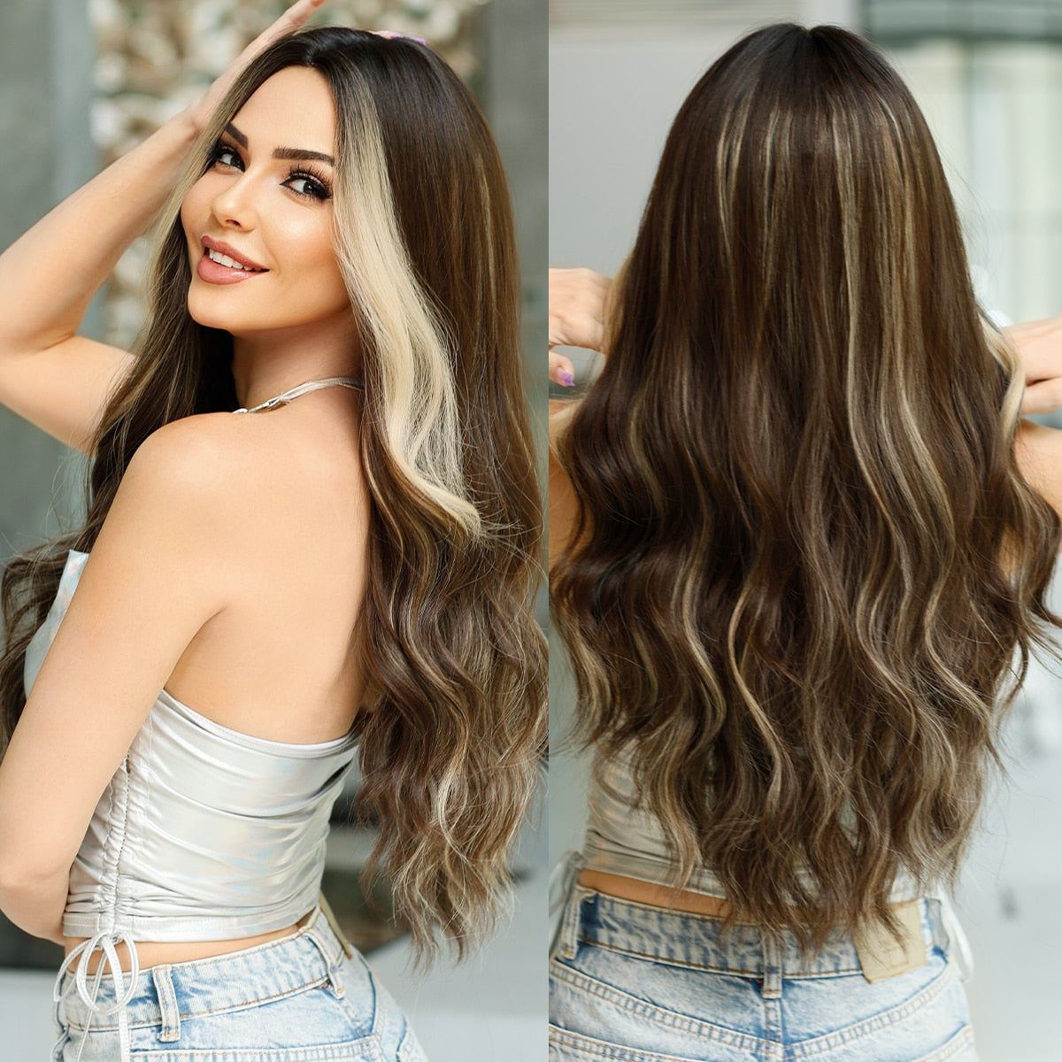 Strong Blonde Money Piece on Brunette Wavy Wig Long Curly Hair Wig for Women with Bangs Heat Resistant Fiber Synthetic