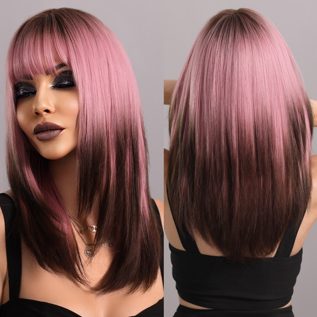 Pink Brunette Gradient Wig Dark Ends Straight and Sleek With Bangs Lots Of Layers Rooted High Heat Synthetic Wig