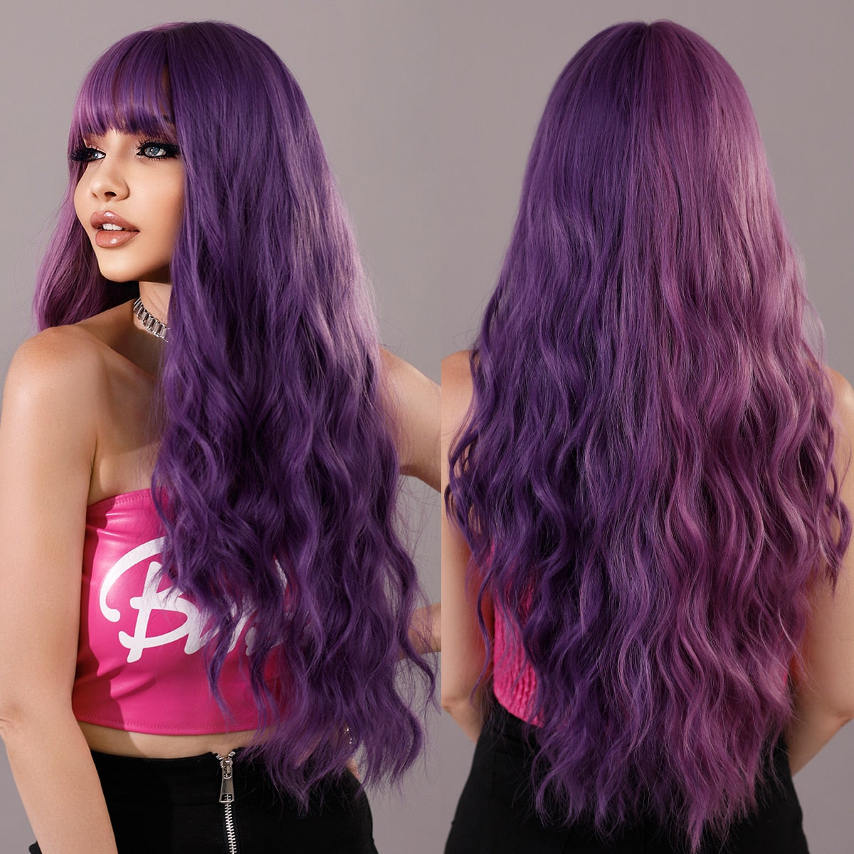 Split Dye Violet and Royal Purple Long Curly Hair Wig for Women with Bangs Heat Resistant Fiber Synthetic Lolita Wigs