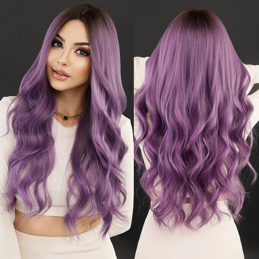 Lavender Purple Wavy Wig Long Curly Hair Wig for Women with Bangs Heat Resistant Fiber Synthetic Wig