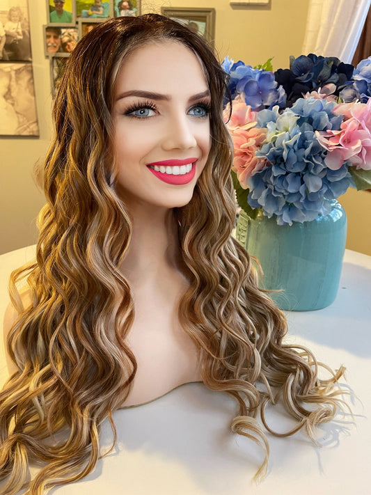 Charlie Light Density Long Wig Curly Wig Lace Front Light Brown Blonde Highlights Ombre Wig Hand Tied Wig Lace Front Wig Parting HD Lace Wig