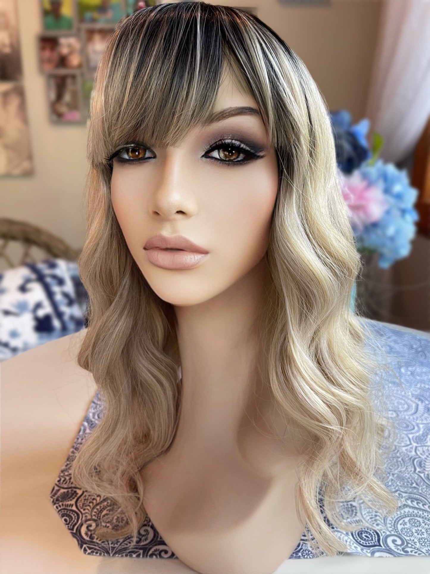 Astrid Full Bang Wig Long and Lush Rooted Blonde Balayage Wig Highlights Lowlight Wig