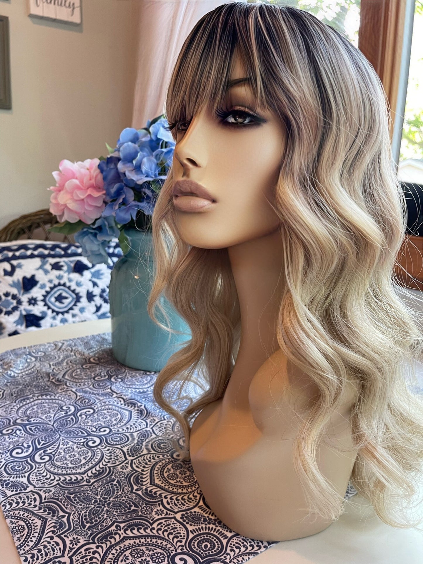 Astrid Full Bang Wig Long and Lush Rooted Blonde Balayage Wig Highlights Lowlight Wig