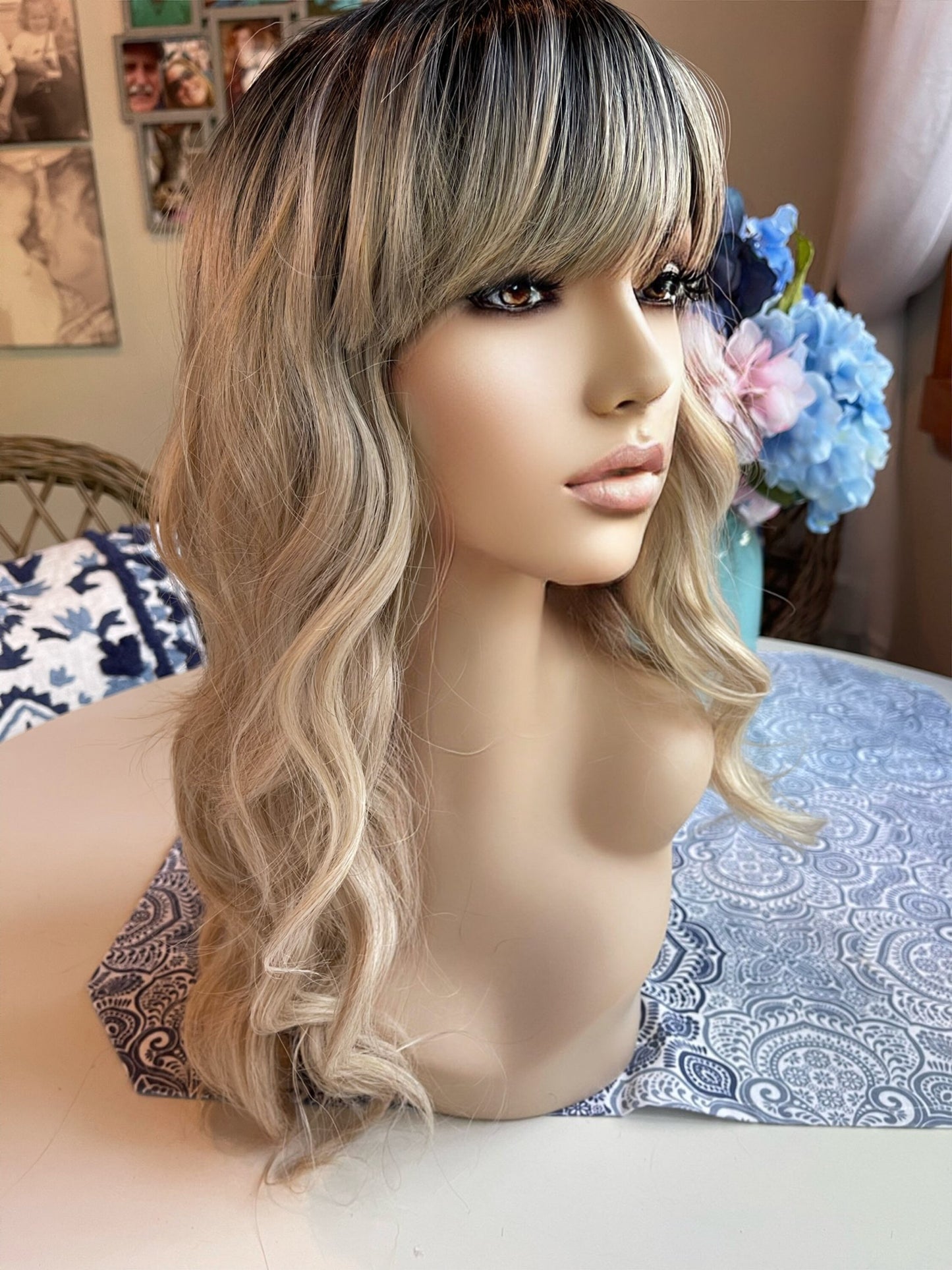 Astrid Full Bang Wig Long and Lush Rooted Blonde Balayage Wig Highlights Lowlight Wig