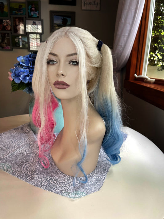 Harley Quinn Curly White Blue and Lace Frontal Wig Fashion Wig Light Pro Level Halloween Costume Invisible Lace Wear Up Or Down