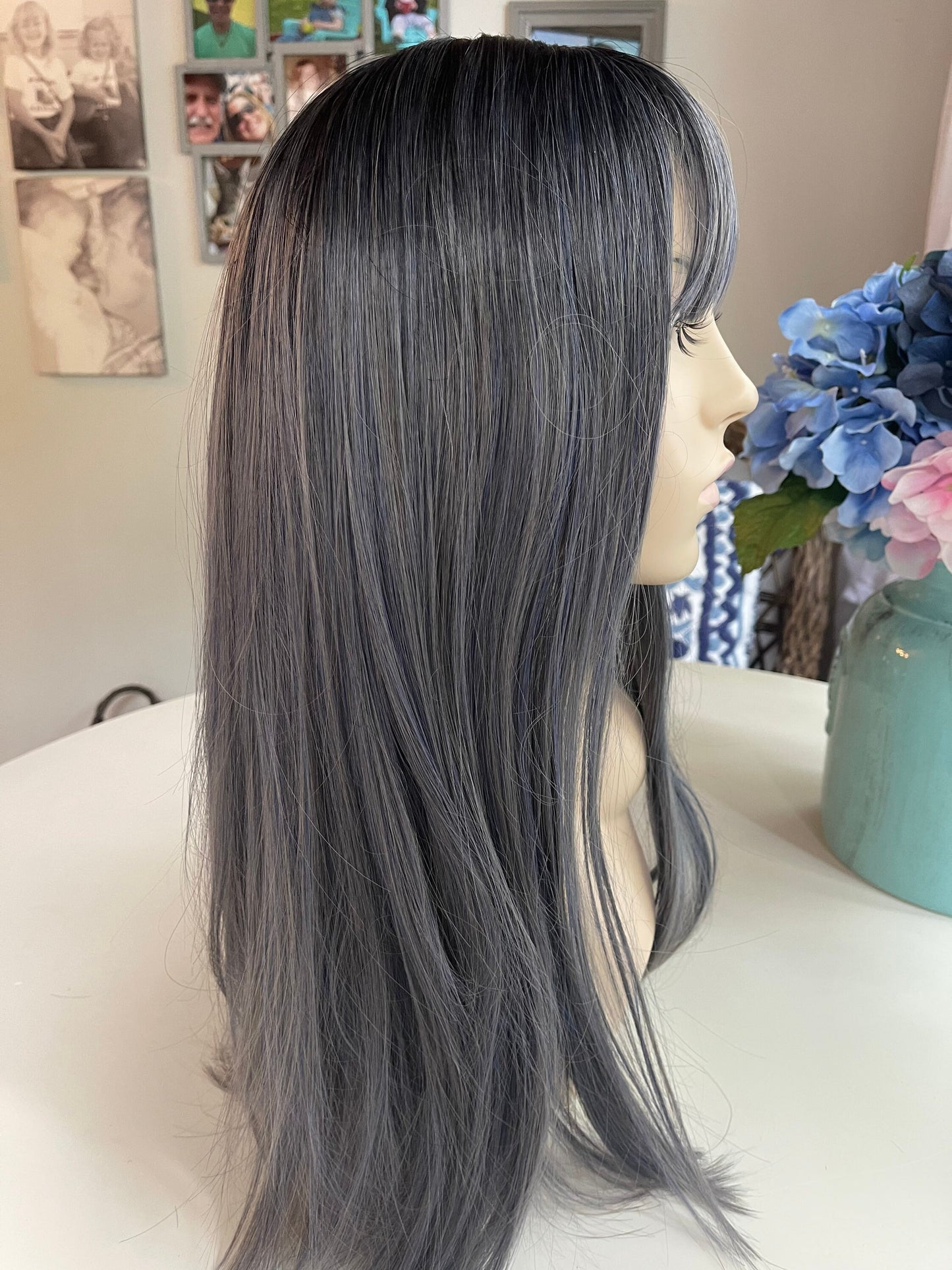 Dassi Dark Gray Cool Blue-Gray Balayage Wig Grey Highlights Lowlight Wig Non Lace Wig Skin Parting