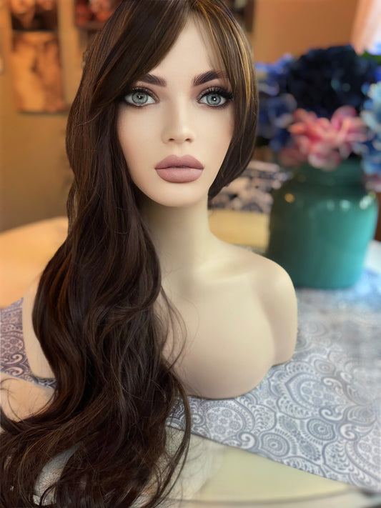 Gigi Highlights Wig Layered Wig Medium Warm Brown Medium Full Density Wig Bangs Realistic Wig Parting Wig Casual Wig Trichotillomania