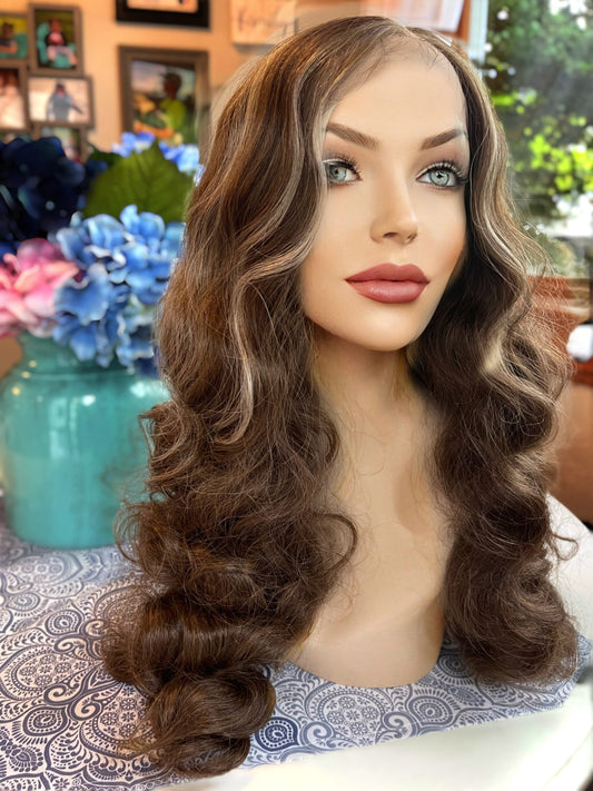Velvet Deep Wave Full Density Buttered Brown and Light  Blonde Highlighted Lace Front Human Synthetic Blend Wig Alopecia Chemotherapy